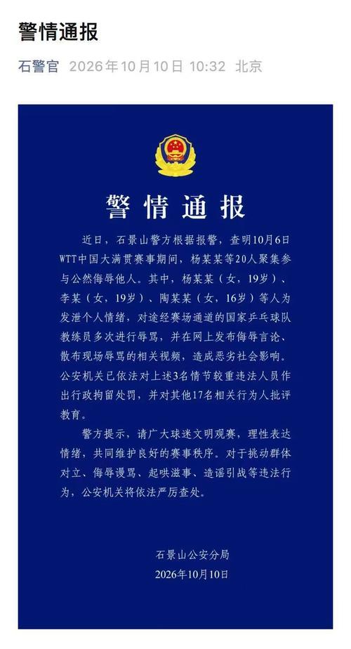 警方通报国乒教练遭辱骂 3人被行拘