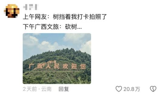网友反映树枝挡标语 广西梧州迅速修剪