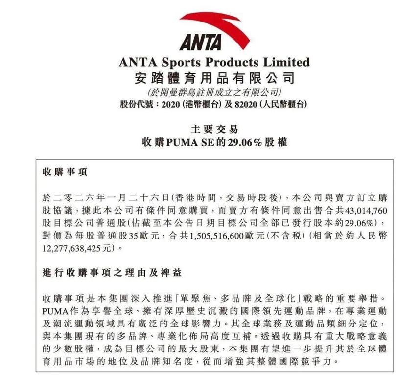 安踏完成收购彪马29%股权 成第一大股东